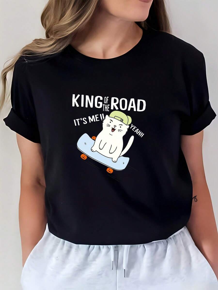 Camiseta de Mujer con Estampado de Gato Road-Brag - Un divertido regalo de verano para amigos y familiares, estampado de skateboard a la moda, camiseta cómoda de 180G, perfecta para uso casual, actividades de team building y fiestas de verano. | Diseño exquisito |   Suelto y cómodo |   Fácil de combinar | - Negro - Ver 1