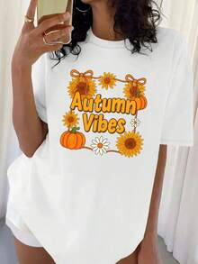 Soft, Breathable, And Lightweight For All-Day Comfort. Women's Loose-Fitting T-Shirt - White Autumn Print Featuring Pumpkin, Sunflower, Daisy, Leaf, And Bow Motifs, Along With Autumn-Themed Phrases, Short Sleeves, Crew Neck, Casual Style, Comfortable For All Seasons, Machine Washable, And Suitable For Layering (White) - Classic Autumn T-Shirt With A Crew Neck And Relaxed Fit That Flatters All Body Shapes And Is Easy To Pair With Jeans, Shorts, And Leggings. - 白色 - 查看 6