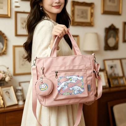 Miniso Sanrio Cinnamoroll Fruit Party Print Pink Casual Multi-Functional Large Capacity Tote Bag 2 Pieces Set With Detachable Coin Purse, Multi-Way Carry, Ideal For Work, Travel, Shopping And Everyday Use
