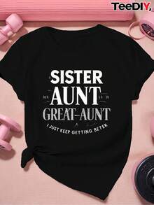 Women's Plus Size Short Sleeve Sports T-Shirt With 'Sister Auntie Big Auntie' Print - 黑色 - 查看 3