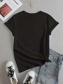 Permeability Graphic Print T-Shirt, Short Sleeve, Round Neck, Casual Style For Summer, Autumn And Spring, Women's Clothing, Roomy - Black - View 3