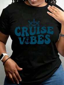 1 Piece Cotton T-Shirt Printed With Nautical Design Lady Cruise Vibes, Casual Round Neck, Soft, Comfortable And Elastic Fabric, Ideal For Holidays, Travel, Outings, Daily Use, Perfect Gift For Family Or Loved Ones, Seasonal Celebration, Style For Four Seasons, 180g 100% Cotton. - 黑色 - 查看 6