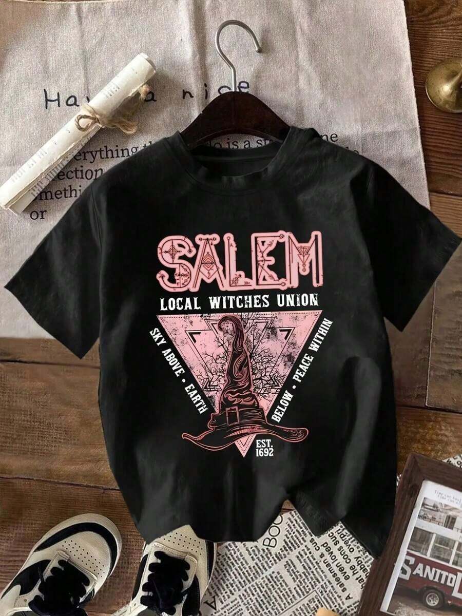 Women's Short-Sleeved Shirt With Floral Print And Lettering In Modern Pink For Everyday Wear - 黑色 - 查看 1