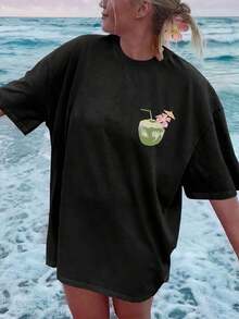 Short-Sleeve T-Shirt With A Casual Round Neck For Spring And Summer, Featuring A Graphic Print And Dropped Shoulders, Women's Clothing. 100% Cotton. - 黑色 - 查看 4