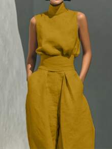 Linen Blend 2-Piece Outfit, Sleeveless High Neck Top & Wide Leg Pants With Waist Belt, Casual Summer Set - 黃色 - 查看 2