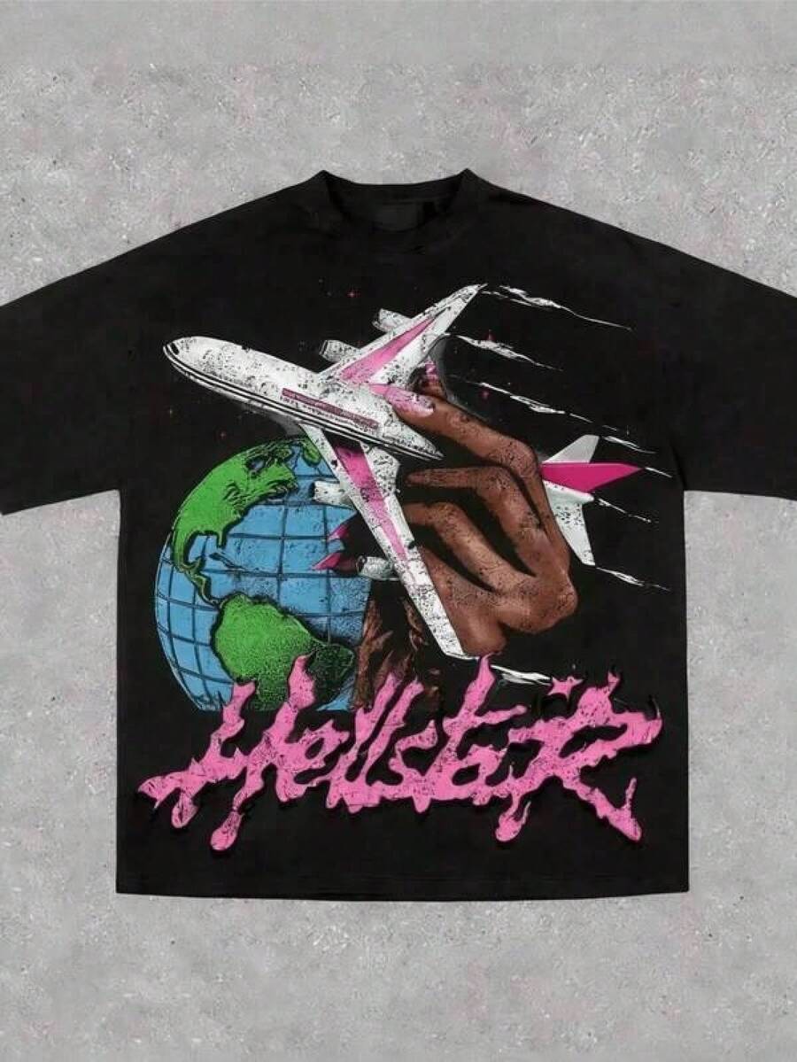 Cotton Graphic T-Shirt, Plus Sizes, Men's Short Sleeve Summer Casual T-Shirt With Hell Star Earth Print, Cotton Printed T-Shirts, Y2K, Men's Oversized T-Shirt, Summer Tops, Women's Casual Printed T-Shirt, Short Sleeve And Round Neck, Spring/Summer Local Urban Fashion. - 黑色 - 查看 1