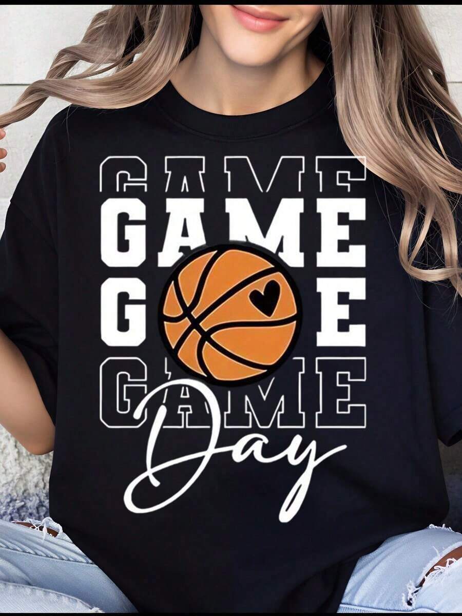 Women's T-Shirt, Women's Basketball Game Day T-Shirt, Heart Design Game Day T-Shirt, Sports Fan Clothing For Basketball Events And Tournaments. - 黑色 - 查看 1