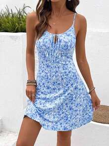Vestido corto casual sin mangas con estampado floral pequeño para vacaciones y playa - Azul menta - Ver 1