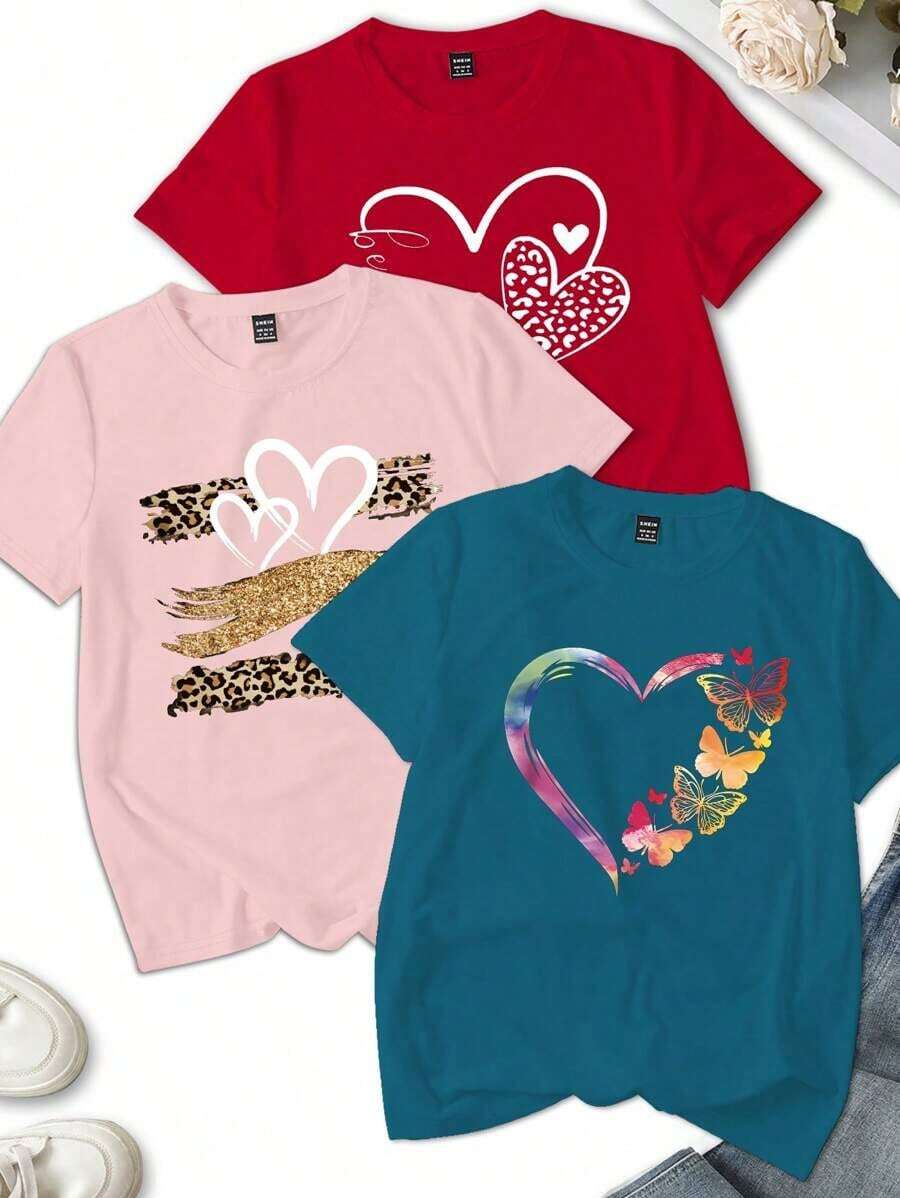 Set de 3 camisetas de mujer con estampado de leopardo y floral en forma de corazón, camisetas gráficas de verano - Multicolor - Ver 1