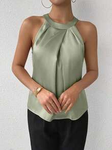 Privé Blusa de satén sin mangas con cuello de volantes de unicolor elegante para la oficina y el trabajo, color champán - Verde - Ver 3