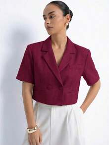 Nueva chaqueta elegante y sofisticada de tela texturizada con cuello de solapa, diseño de espalda cruzada, cintura corta y mangas cortas para estilizar la figura de la mujer - Burdeos - Ver 6