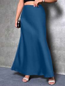 Falda de estilo de cola de sirena de unicolor para mujer, falda de satén, falda larga elegante, adecuada para fiestas y uso diario - Azul - Ver 5