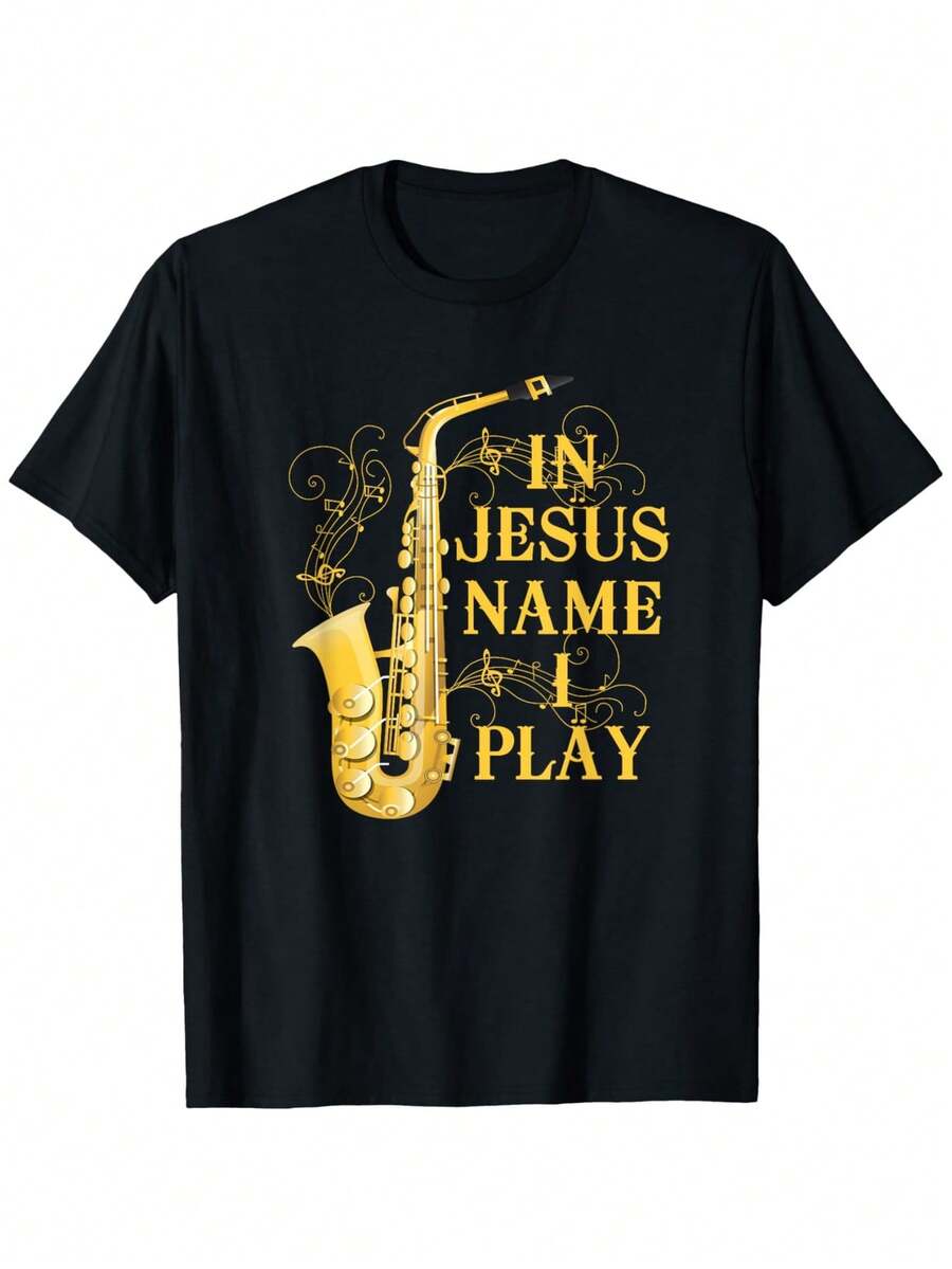 En el nombre de Jesús, toco el saxofón para quienes lo aman. Esta es una camiseta informal de manga corta y cuello redondo para exteriores, tanto para hombres como para mujeres, hecha de 100% algodón, disponible en tallas S-XXXL. - Negro - Ver 1