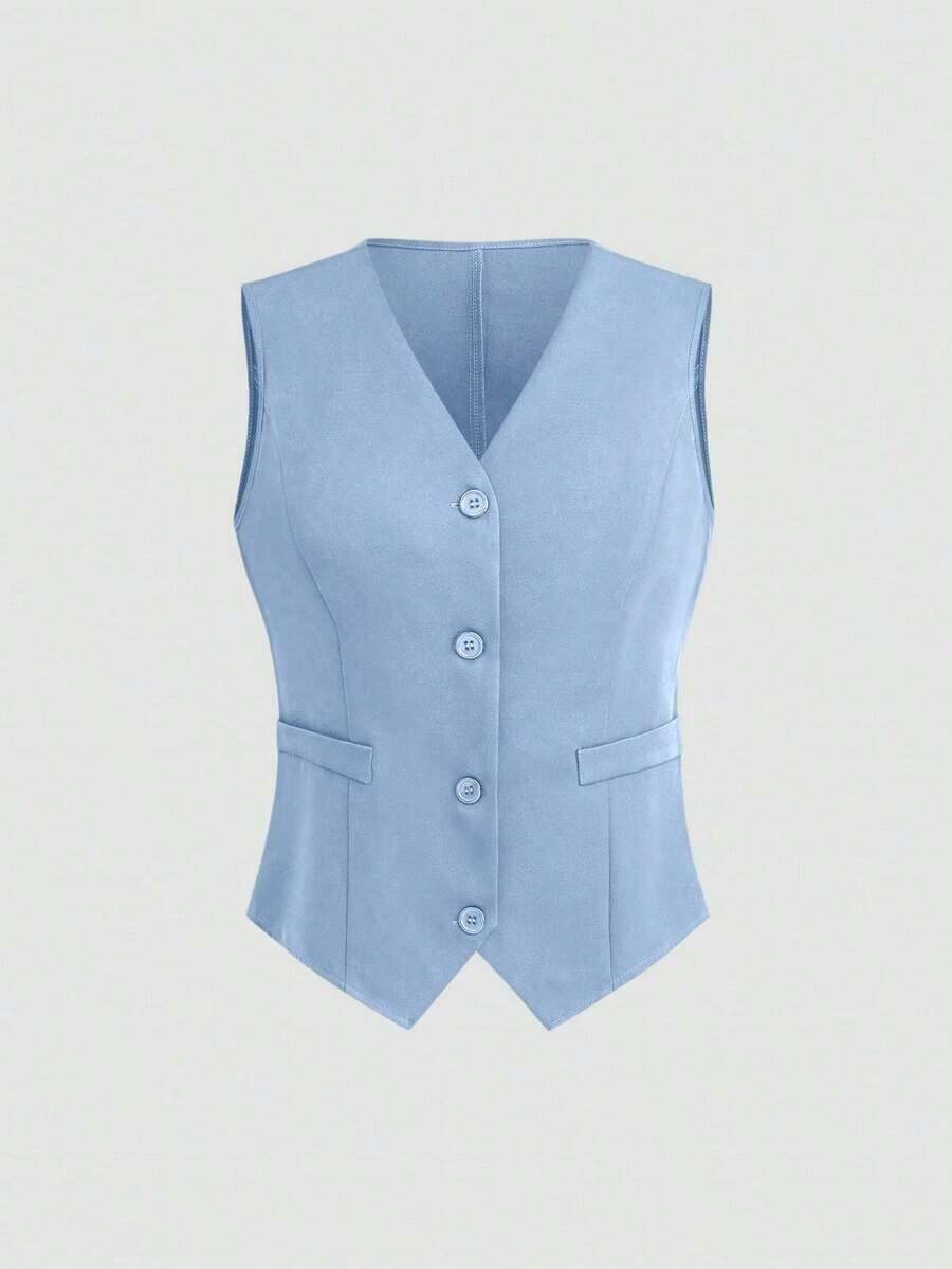 Chaleco minimalista de unicolor con cuello en V, sin mangas y con botones delanteros - Celeste - Ver 1