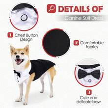 Colete de Esmoquim Preto para Cachorro com Gravata Borboleta, Terno Formal para Festa de Casamento para Cachorros Pequenos/Médios - Preto - Visão 5