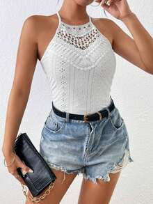 Frenchy Top sin mangas ajustado con cuello de halter y encaje de contraste para vacaciones de mujer - Blanco - Ver 3
