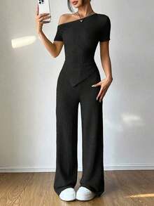 Set de 2 piezas: Camiseta con hombro asimétrico + Pantalones de pierna ancha y cintura baja, Ropa de estar en casa casual - Negro - Ver 6