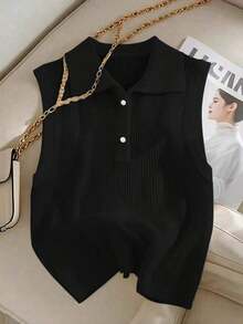 Camiseta sin mangas de talla grande con bloques de color acanalados, adecuada para primavera, atuendo de fiesta de carnaval - Negro - Ver 3