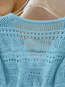 Top de punto nuevo de color sólido, cárdigan de encaje de ganchillo hueco, suéter de punto ligero y versátil para mujer. - Azul menta - Ver 4