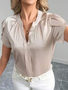 Clasi Blusa de satén de unicolor con mangas de pétalos de estilo elegante y cuello en V para primavera/verano - Albaricoque - Ver 4