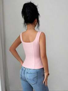 Top de tirantes anchos con cuello cuadrado, abotonado delantero, cintura plisada y ajustado para mujer, unicolor y elegante - Rosa - Ver 2
