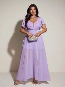 fluido de manga corta y cuello en V elegante y romántico para mujer de talla grande, primavera/verano - Morado - Ver 4