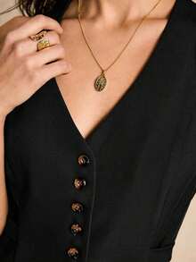 Camiseta sin mangas ajustada de mujer con cuello en V y botones delanteros de unicolor - Negro - Ver 5
