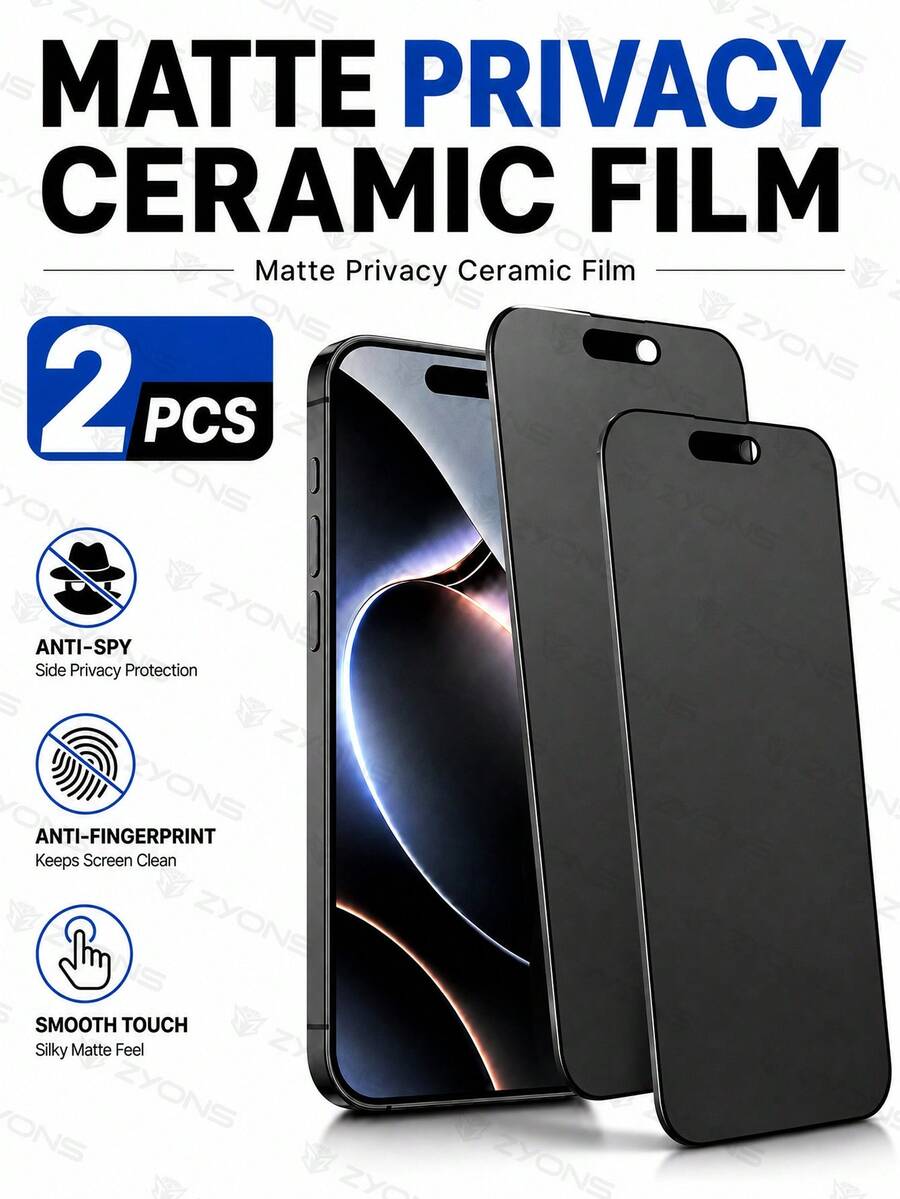ZYONS 2pcs Matte Anti-Spy Screen Protector Film, Compatible With IPhone 17 Pro Max/17/17 Pro/16/16 Plus/16 Pro/16 Pro Max/15/15 Pro/15 Plus/15 Pro Max/14/13/12/11, Privacy Protection, Anti-Glare, Anti-Fingerprint, Anti-Spy, Full Coverage, Birthday Gift, Privacy Screen Protector For Family And Friends, Tech Enthusiasts, Ceramic Soft Film, Non-Glass - 2pcs - View 1