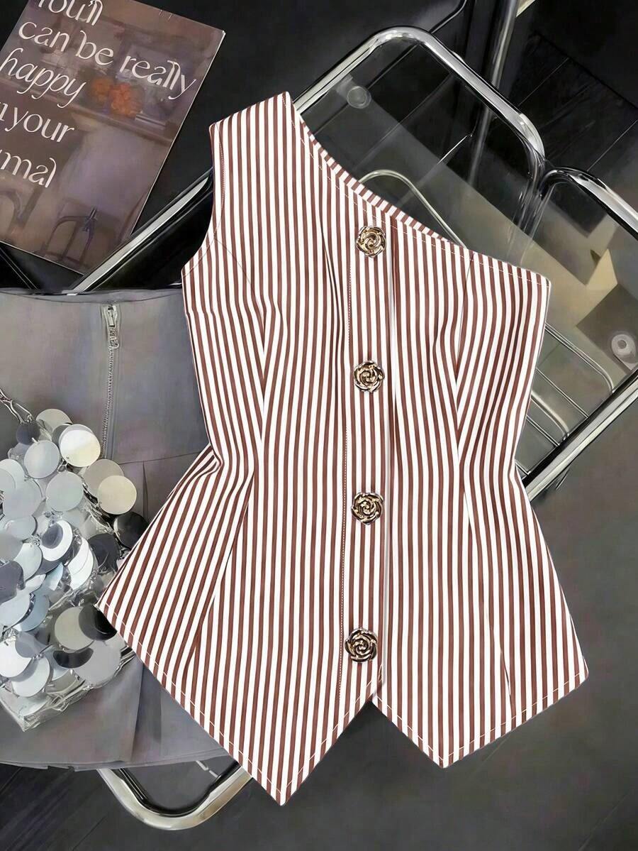 CURVE Una blusa de mujer de verano de gran tamaño, de estilo casual y con rayas tejidas - Marrón - Ver 1