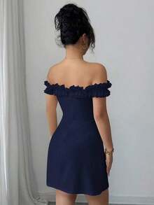 Vestido romántico con hombros descubiertos y volantes en la cintura para mujeres - Azul marino - Ver 2