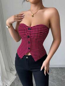 Top corto sin mangas con botones delanteros y estampado de pata de gallo, para uso en oficina o viajes, de moda para el verano - Rosa Fucsia - Ver 3