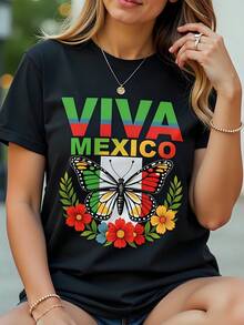 Women's 180g Cotton T-Shirt, Round Neck And Short Sleeve, Butterfly And Flower Print "Viva México", Casual Design Inspired By The Mexican Flag, Lightweight And Perfect For Summer - 黑色 - 查看 1