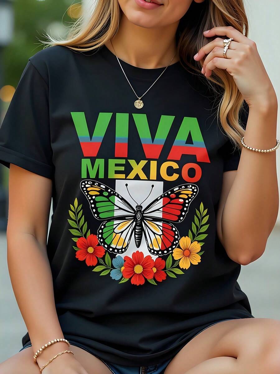Women's 180g Cotton T-Shirt, Round Neck And Short Sleeve, Butterfly And Flower Print "Viva México", Casual Design Inspired By The Mexican Flag, Lightweight And Perfect For Summer - 黑色 - 查看 1