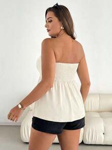Blusa sin tirantes de rayas negras y blancas, versátil, cómoda y estilizadora, para mujer talla grande, ideal para primavera/verano, vacaciones y salidas, estilo europeo de verano - Albaricoque - Ver 2
