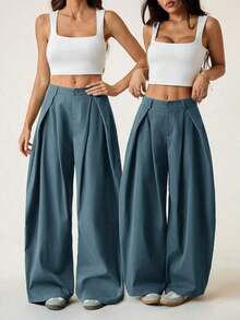 Pantalones anchos de verano con dobladillo curvo verde, estilo vintage, casual y para salir - Azul - Ver 8