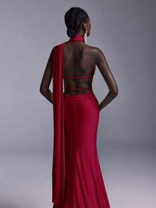 Vestido largo de sirena con espalda abierta y ajustado, de estilo minimalista, adecuado para asistir a fiestas formales, reuniones y galas formales de damas - Burdeos - Ver 8