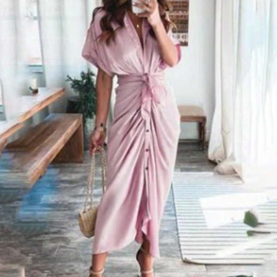 Elegant Women's Spring Shirt Dress, Sensual Print, With Adjustable Ties, Refined Style - 粉色 - 查看 1