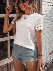 Blusa casual de cuello redondo de manga corta para mujer, con borde de encaje hueco y sencilla - Blanco - Ver 5