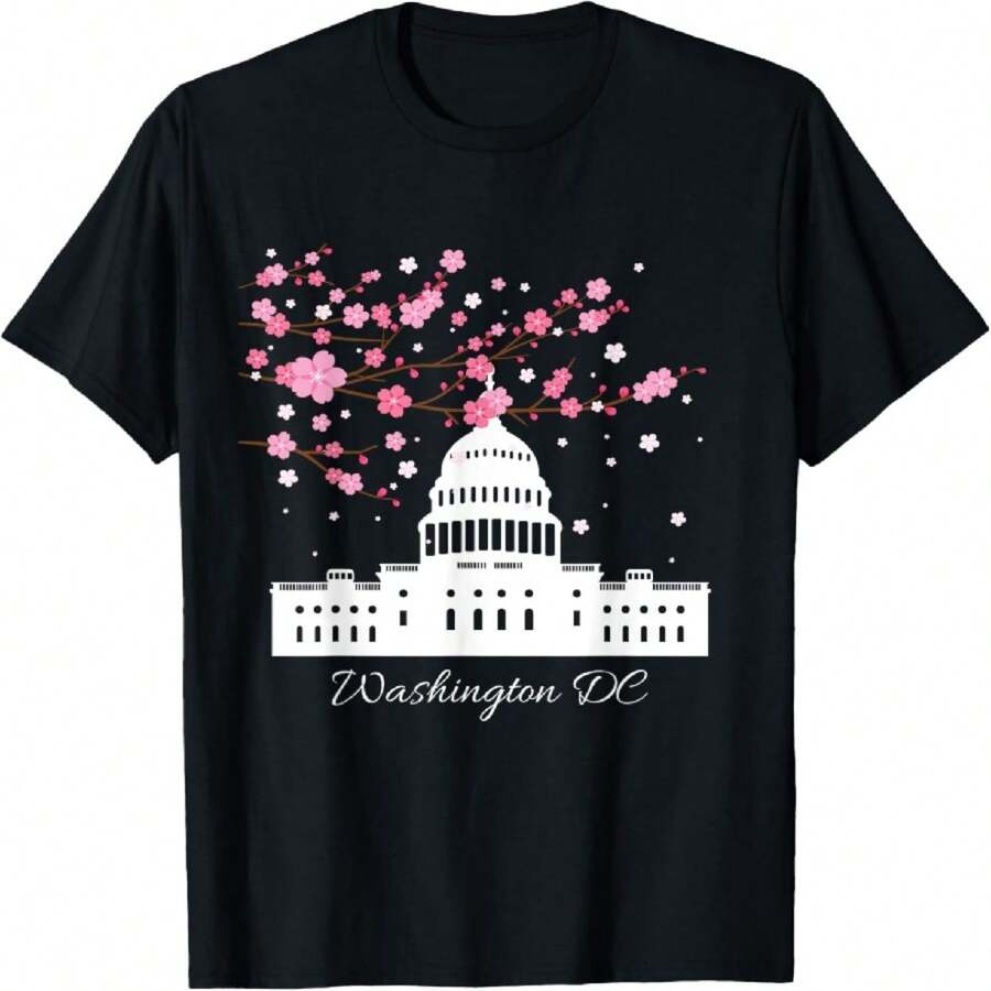 Washington DC Capitol Building Cherry Blossom Trees T-Shirt - Black - View 1