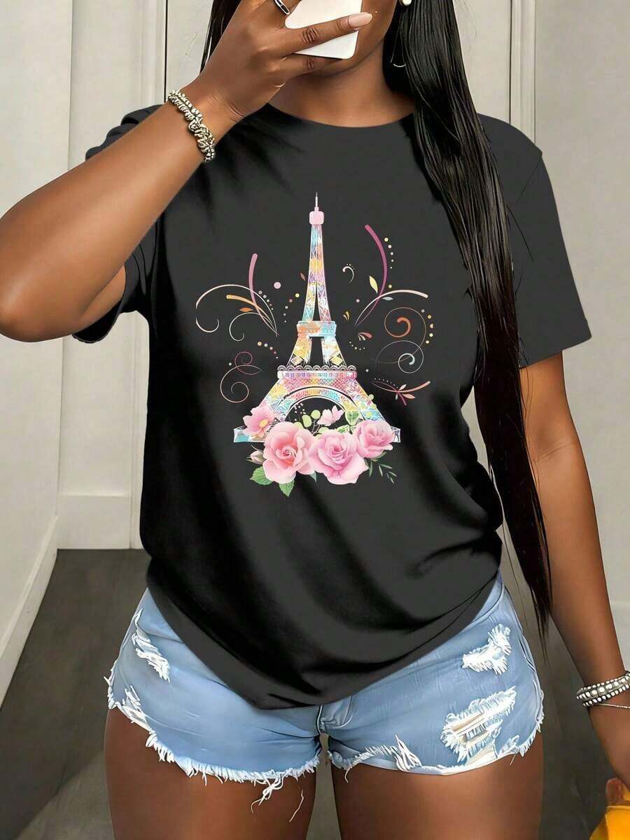 Women's T-Shirt With Colorful Print Of The Eiffel Tower Of Paris, Short Sleeve, Perfect For Outdoor Activities, At Home Or For Sports, Outfit For Valentine's Day, Summer Vacation. - 黑色 - 查看 1