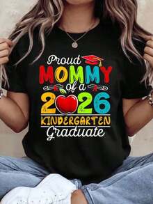 Women's Cotton T-Shirts, Proud Mommy Of A 2026 Kindergarten Graduate T-Shirt For Mother Graduation Celebration Gift For Mom School Event Party Wear, Basic Women's Blouses - 黑色 - 查看 7