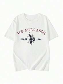 Camiseta de manga corta para mujer con estampado de caballo de polo USPA vintage, estilo estético académico holgado, camiseta gráfica de cuello redondo, top casual adecuado para uso diario, ropa de calle, salidas de verano, vacaciones, estilo vintage urbano, unisex, de algodón holgado, manga corta, cuello redondo, blusas para mujer. blusas.blusas casuales para dama. - Blanco - Ver 2