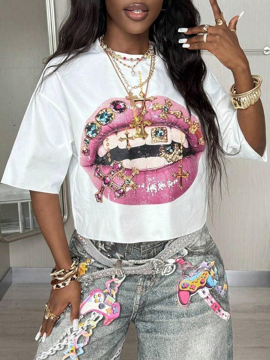 Women's Graphic Tee, Vintage Y2K Style, Casual Hip-Hop Style, Going Out, Oversized, Lip Print, For Everyday Urban Autumn Wear. - 白色 2 - 查看 1