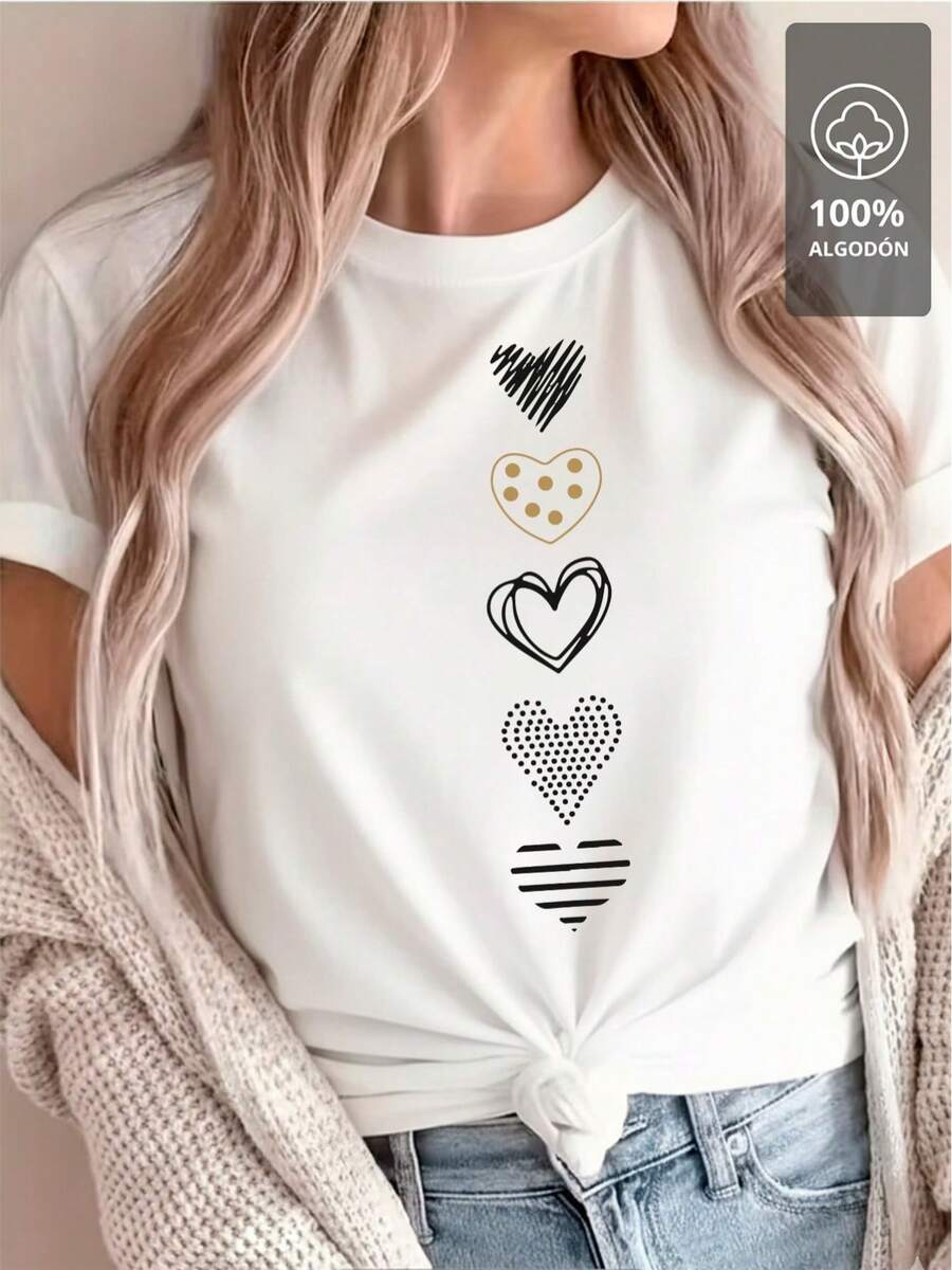 Oversize, Manga Corta, Corazones Blancos y Dorados Verticales - Camiseta 100% Algodón 100% - Blanco - Ver 1