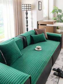 1pc Velvet Sofa Cover, Solid Color Nordic Style Sofa Pad, Thickened 3D Design Sofa Protector, Anti-Dirty Anti-Pollution Sofa Slipcover, Non-Slip Anti-Scratch Sofa Cover For Living Room Bedroom Study, Fits 1/2/3/4 Seater Sofa With Armrest & Backrest - Green - View 5