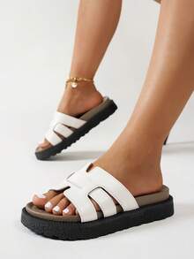 New Fashion Buckle Open Toe Platform Slippers, Comfortable Versatile Dirt-Resistant Beach Sandals Suitable For Daily Wear - White Leather - View 4