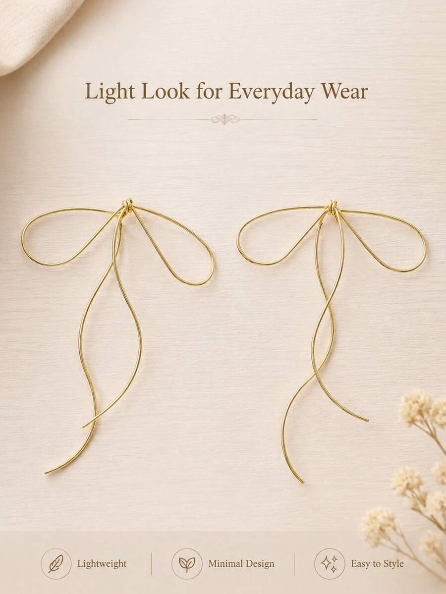 2pcs Elegant Bowknot & Line Design Earrings Valentines - Yellow Gold - View 1