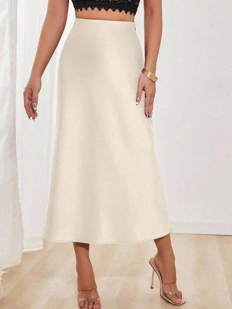 Falda en A de satén elegante y versátil para mujer - Beis - Ver 1