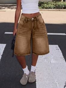 Quần short denim nữ kiểu dáng thường ngày, có túi và cúc. - màu nâu - Xem 1