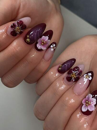 24pcs 3D Purple Flower Nail Patches, 1 Nail File, 1 Jelly Glue Nail Art Supplies
